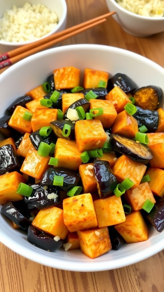 Stir-fried eggplant and tofu with garlic and ginger, garnished with green onions, served in a bowl with rice.